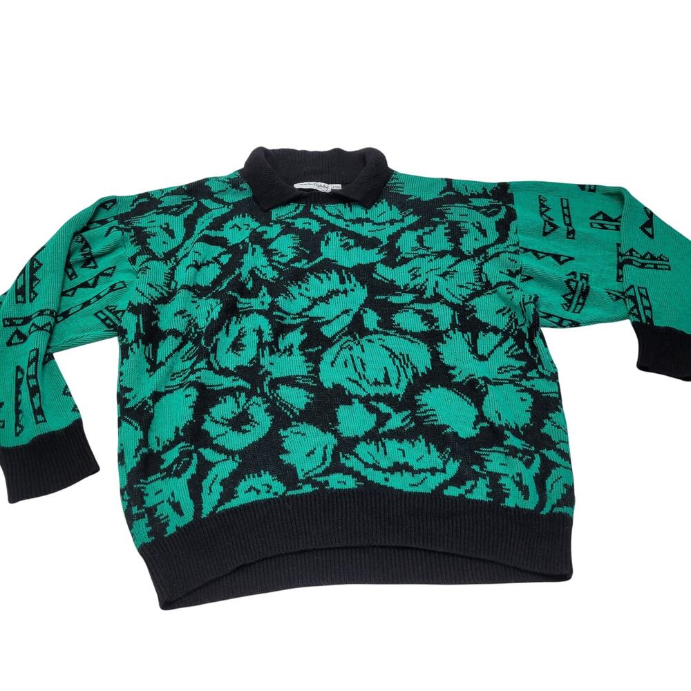 Vintage Diane Von Furstenberg colorful green black floral motif sweater art